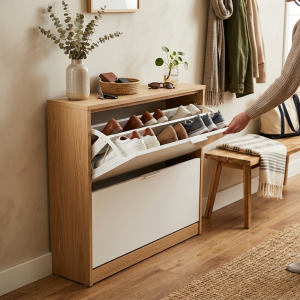 Slim Shoe Cabinet with Flip Drawers